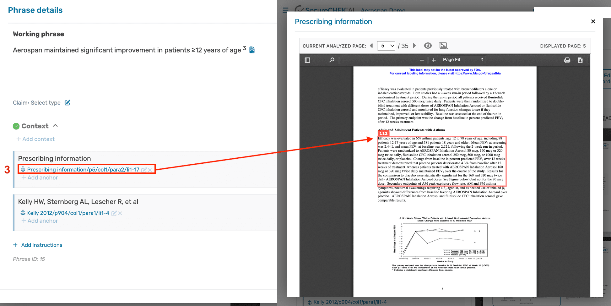 SecureCHEK AI anchoring an annotation to the exact source passage in the reference document