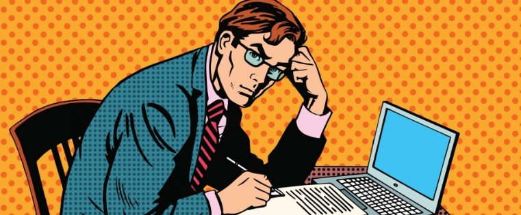 Frustrated pharma copywriter reviewing a document instead of doing creative work.